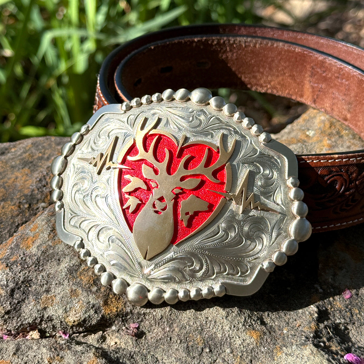 Heartbeat of a Hunter Elipse Red Heart Belt Buckle
