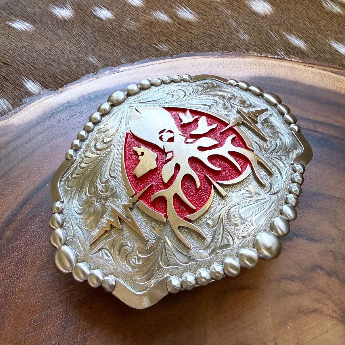 Heartbeat of a Hunter Elipse Red Heart Belt Buckle