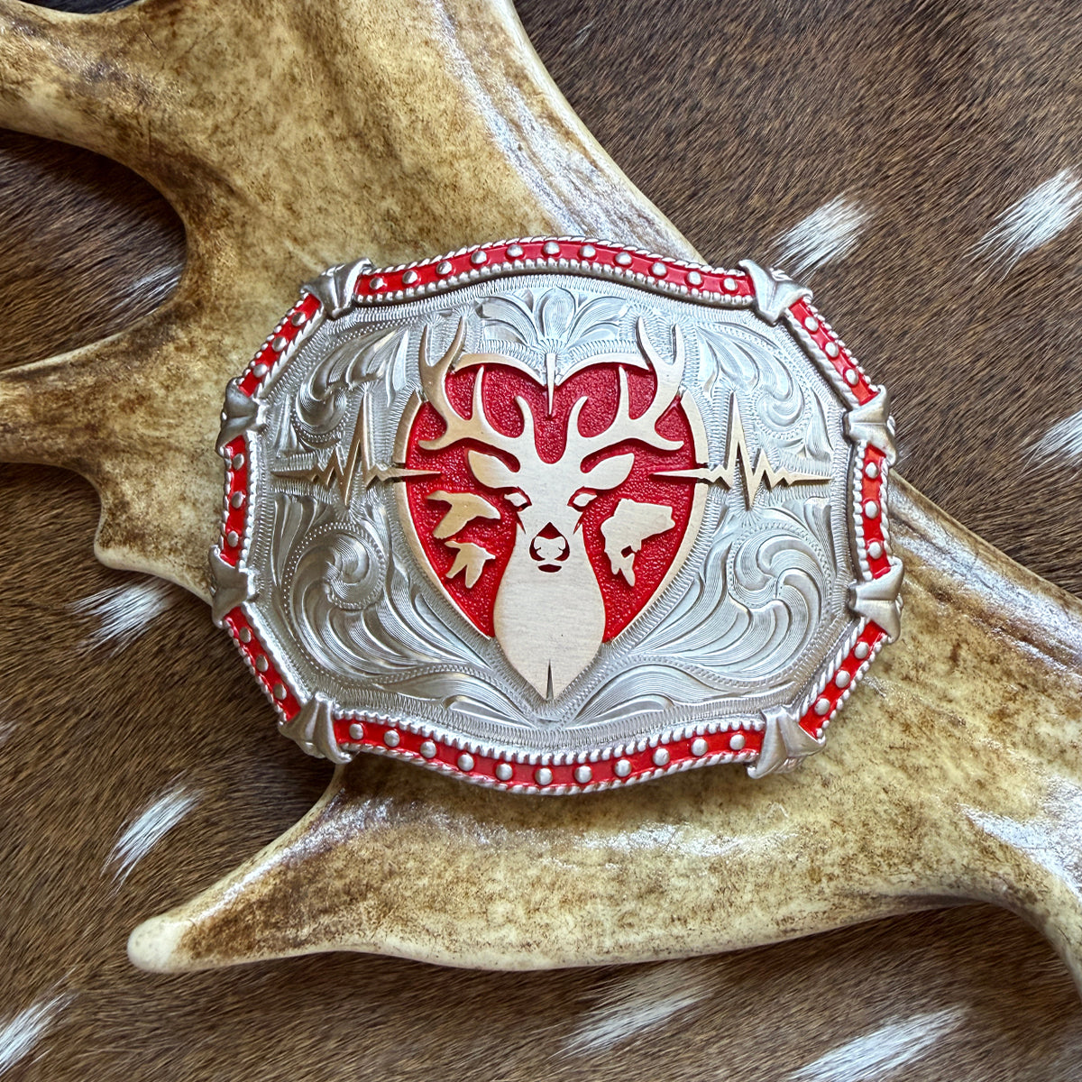 Heartbeat of a Hunter Large Western Red Trim Belt Buckle