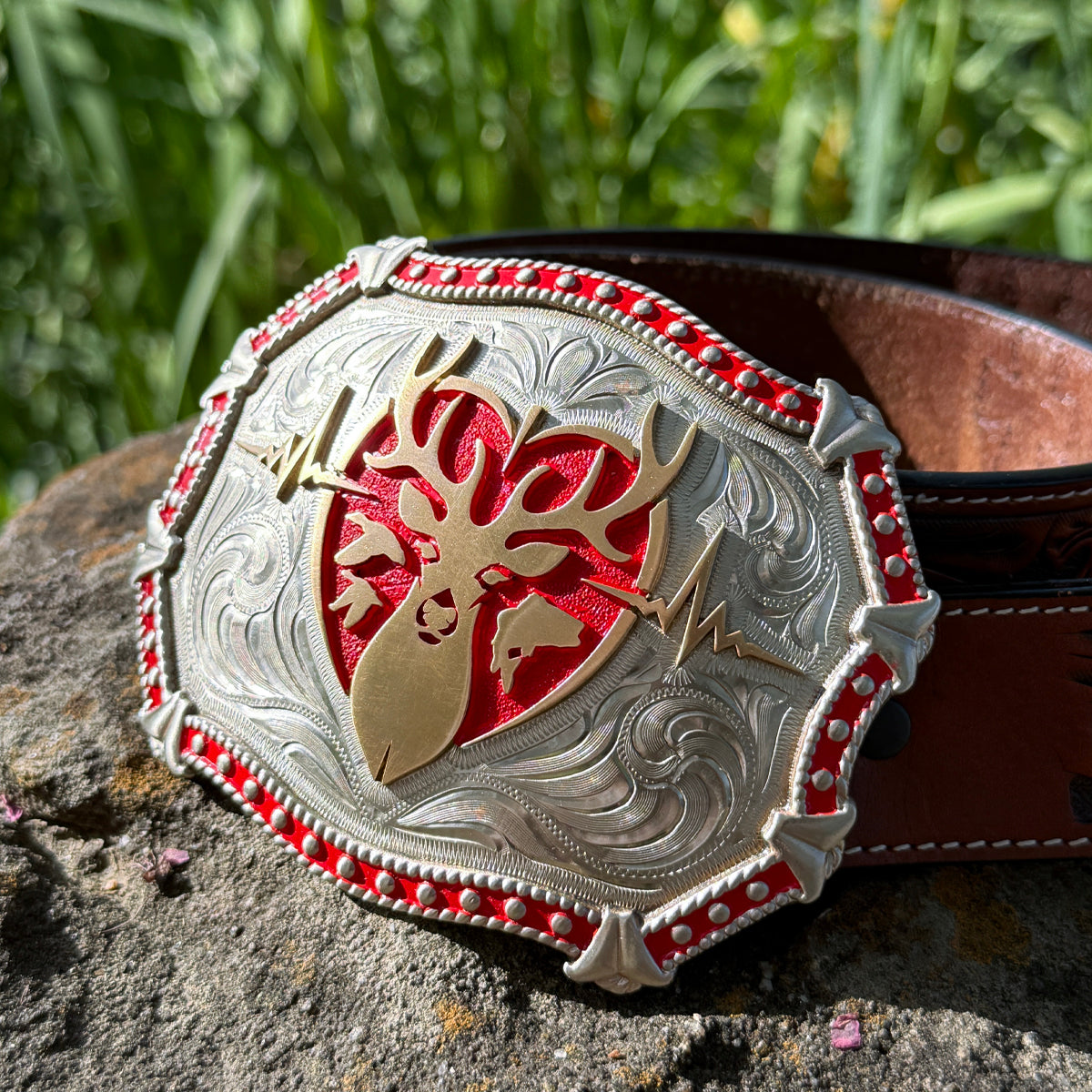 Heartbeat of a Hunter Large Western Red Trim Belt Buckle