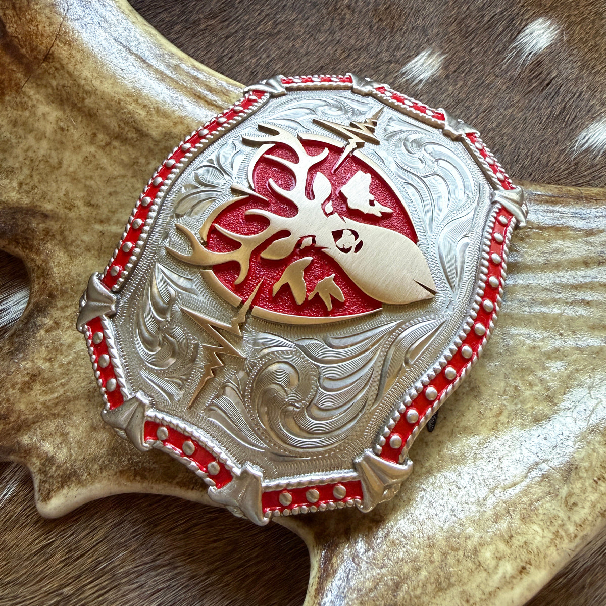 Heartbeat of a Hunter Large Western Red Trim Belt Buckle