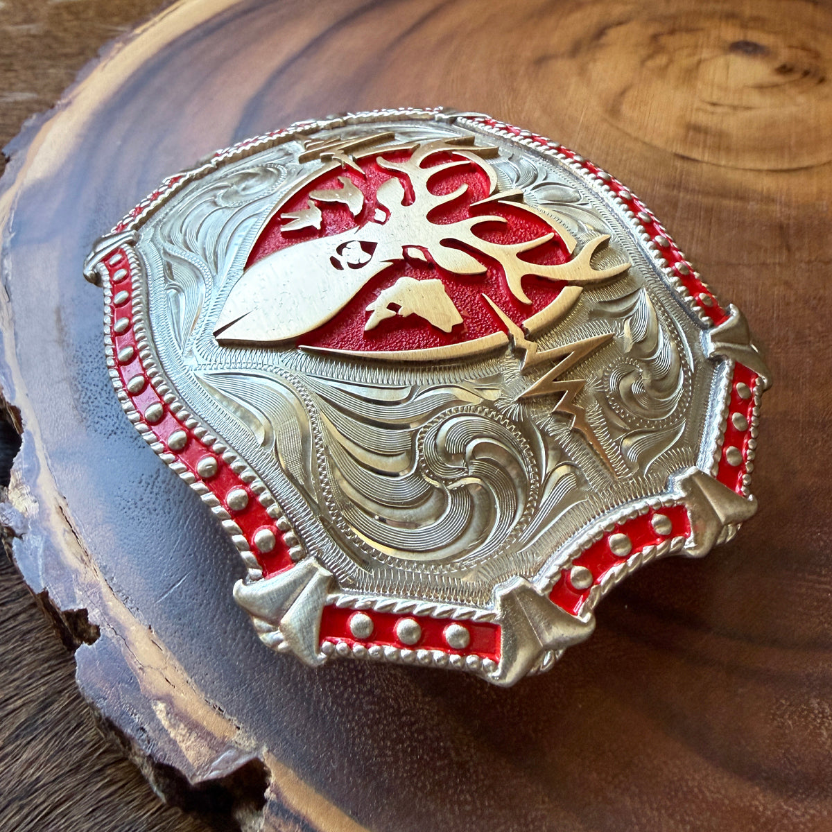 Heartbeat of a Hunter Large Western Red Trim Belt Buckle