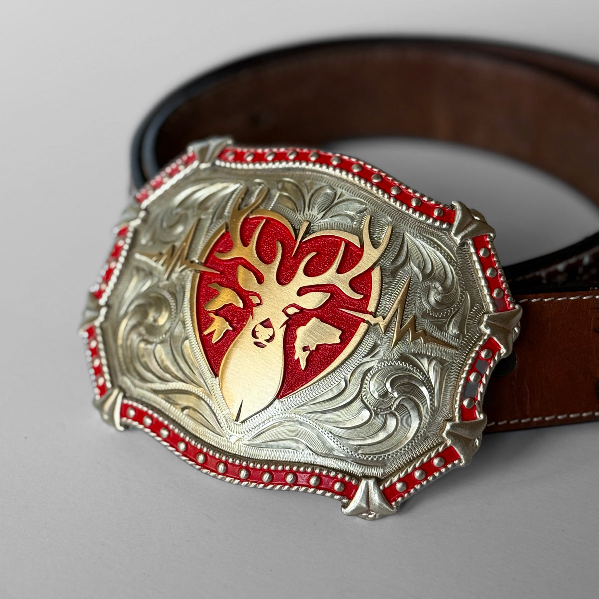 Heartbeat of a Hunter Large Western Red Trim Belt Buckle
