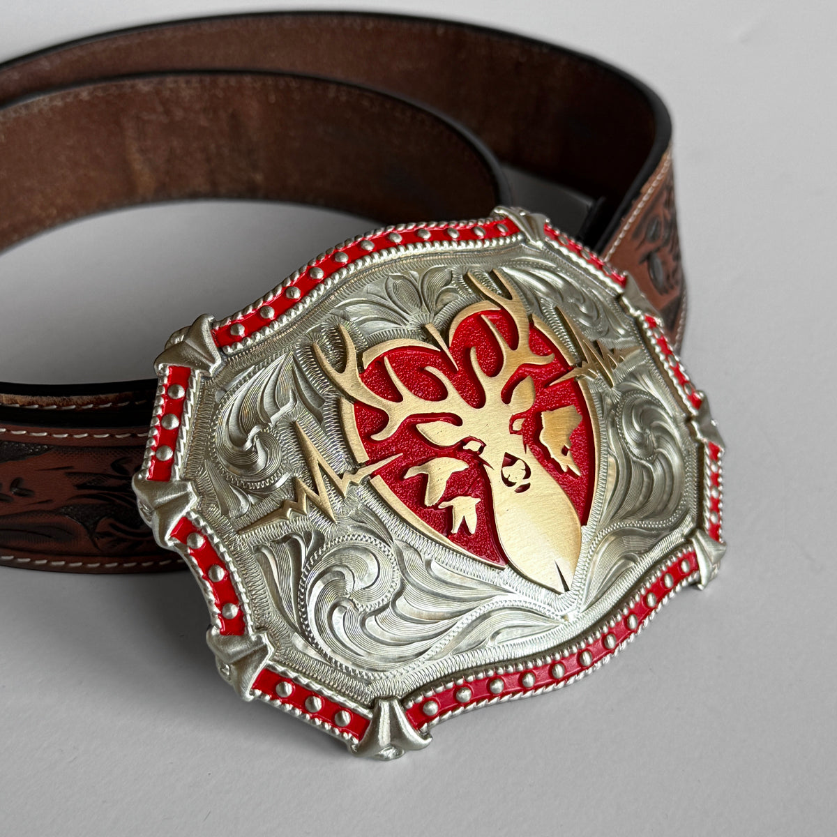 Heartbeat of a Hunter Large Western Red Trim Belt Buckle