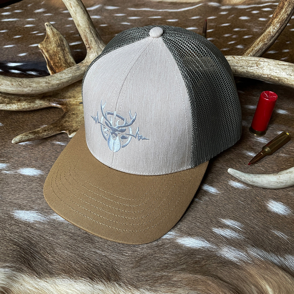 Heartbeat of a Hunter Heathered Stone, Loden, Old Gold Trucker Hat