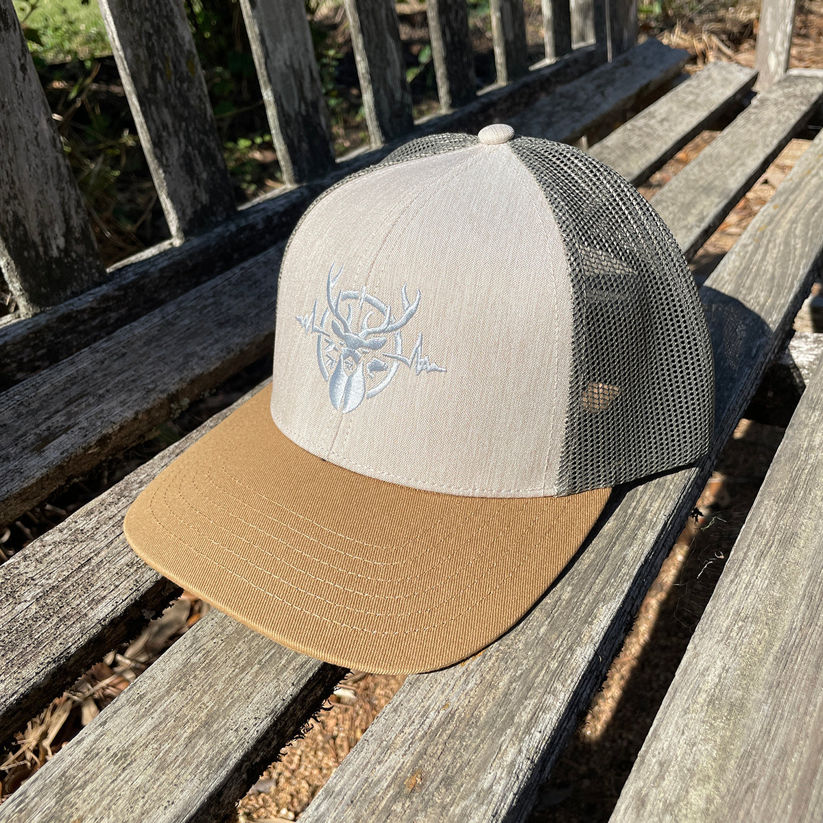 Heartbeat of a Hunter Heathered Stone, Loden, Old Gold Trucker Hat