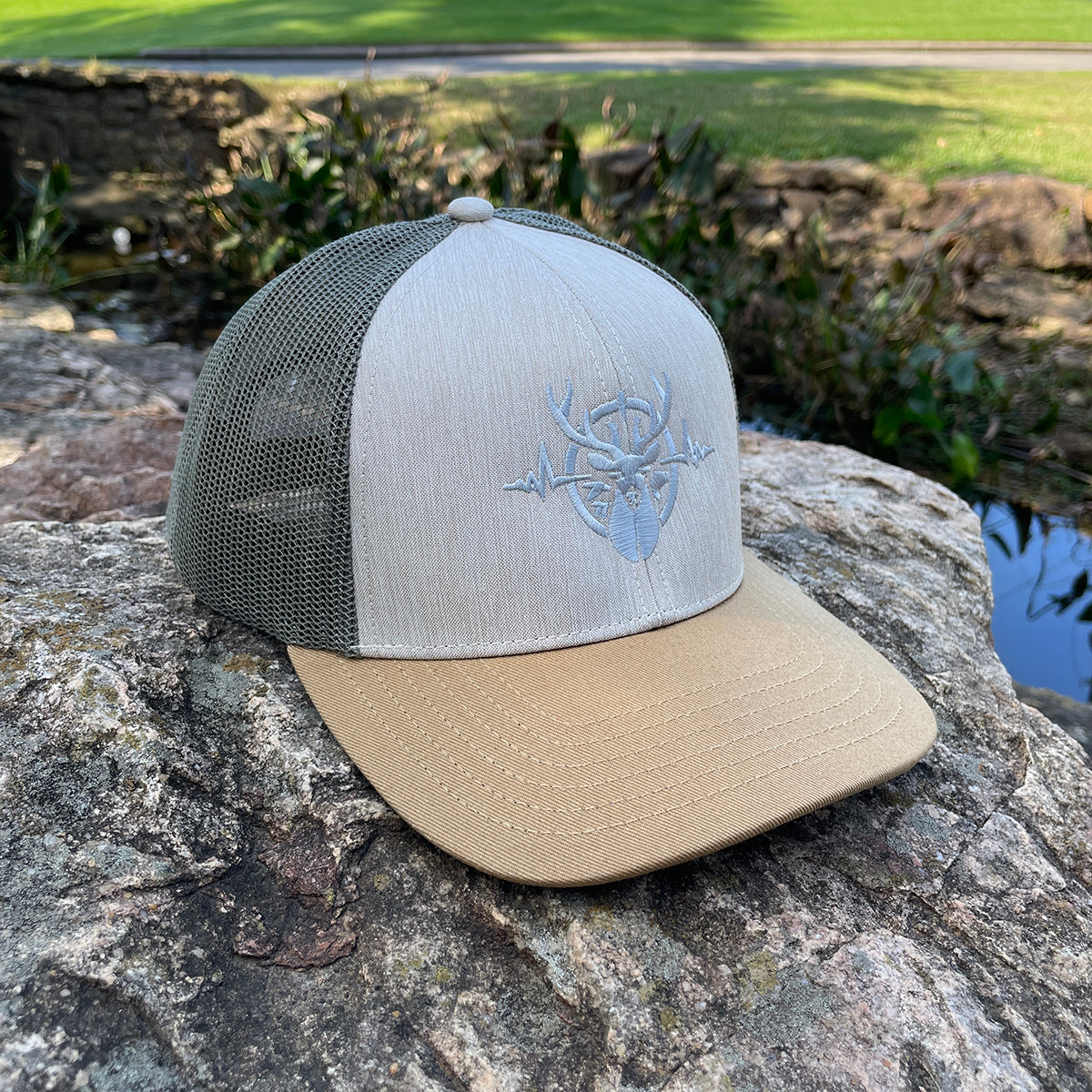 Heartbeat of a Hunter Heathered Stone, Loden, Old Gold Trucker Hat