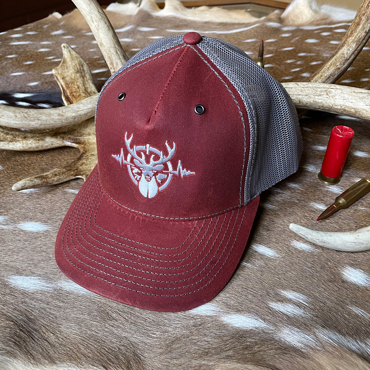 Heartbeat of a Hunter Burnt Red & Charcoal Hawthorne Trucker Cap